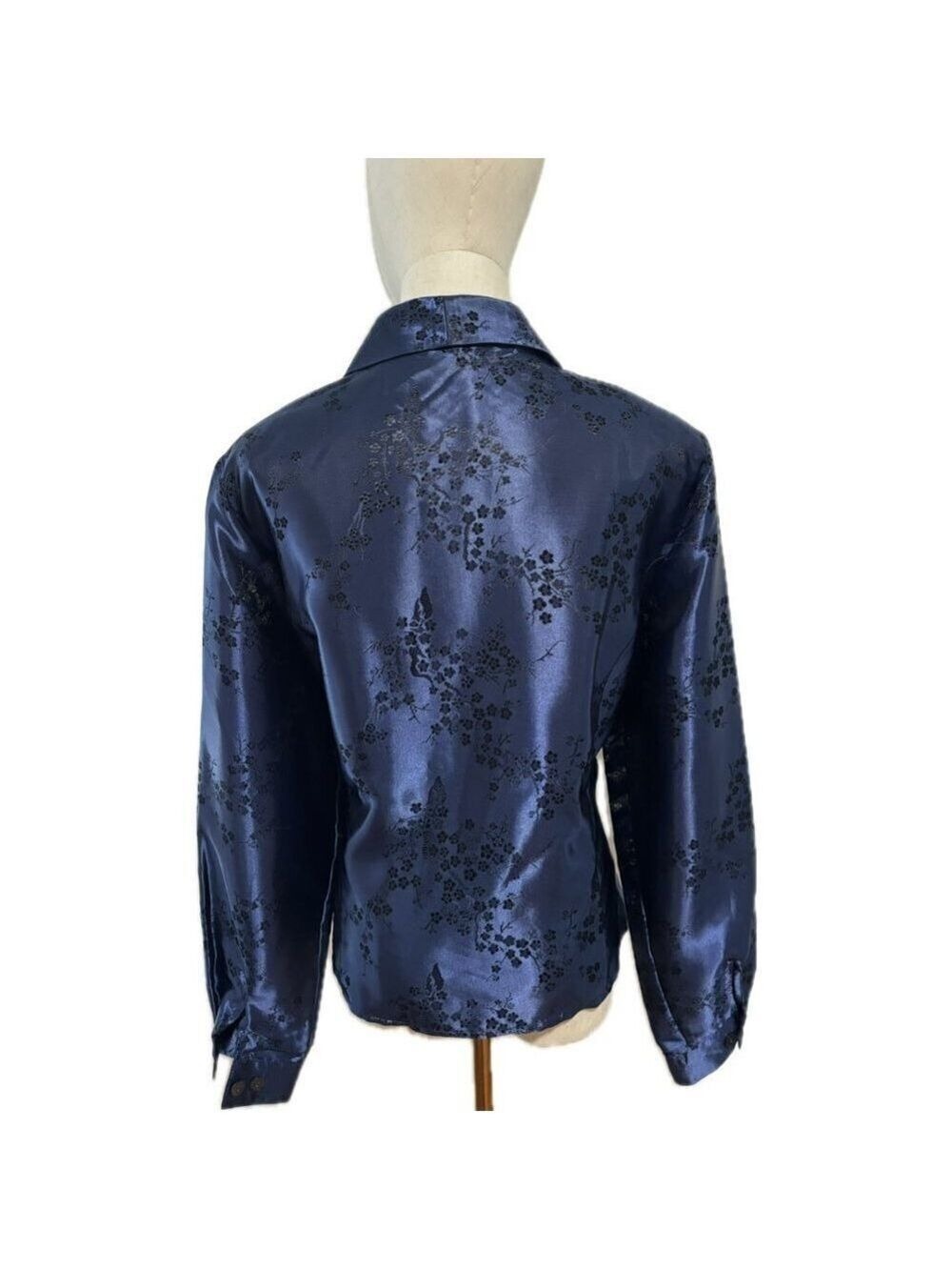 90s SATIN BROCADE BLUE ASIAN INSPIRED BROCADE LIZ BAKER SHIRT JACKET SHACKET 14 - Picture 3 of 12